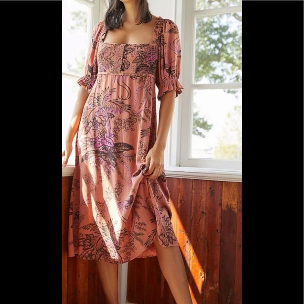 Anthropologie Whimsical bird puffed sleeves, open back, midi dress